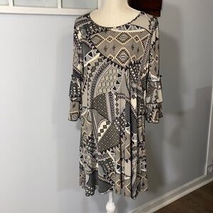 Espresso Multi Pattern Ruffle 3/4 Sleeve MIDI Dress M Modest